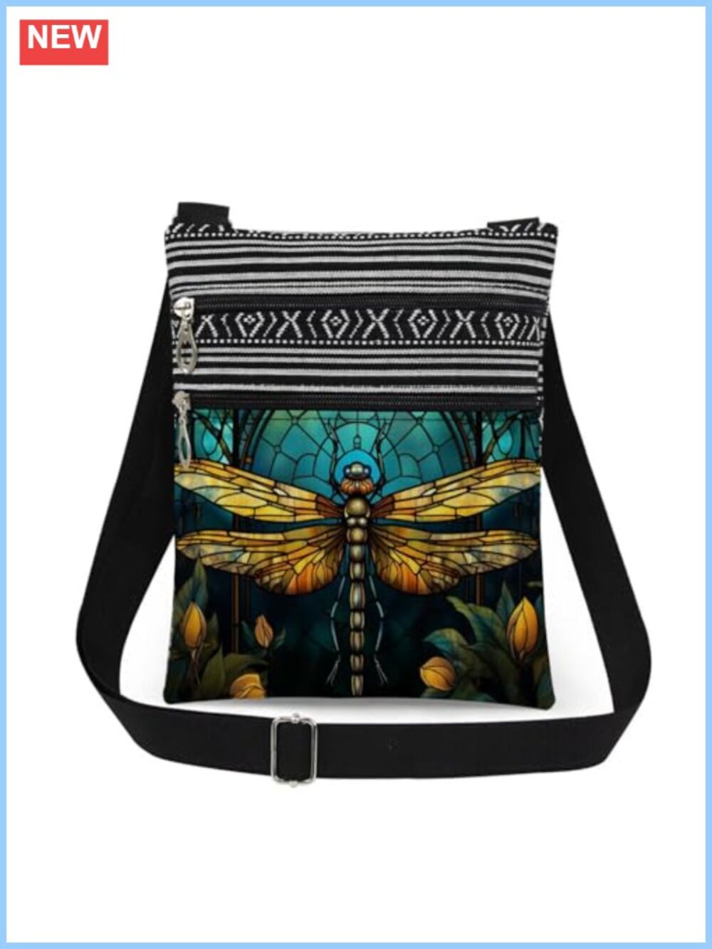 Dragonfly Crossbody Bag Polyester Adjustable Strap Double Zipper Handbag